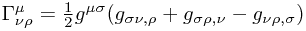 \Gamma^\mu_{\nu\rho} = \frac 1 2 g^{\mu\sigma}(g_{\sigma\nu,\rho}+g_{\sigma\rho,\nu}-g_{\nu\rho,\sigma}) \Gamma^\mu_{\nu\rho} = \frac 1 2 g^{\mu\sigma}(g_{\sigma\nu,\rho}+g_{\sigma\rho,\nu}-g_{\nu\rho,\sigma})