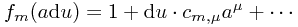 f_m(a \mathrm{d}u) = 1 + \mathrm{d}u \cdot c_{m,\mu} a^\mu + \cdots