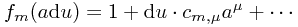 f_m(a \mathrm{d}u) = 1 + \mathrm{d}u \cdot c_{m,\mu} a^\mu + \cdots