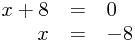 
\begin{array}{rcl}
x+8 &=& 0 \\
x &=& -8
\end{array}
