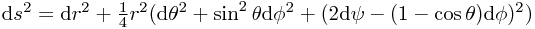 \mathrm{d}s^2 = \mathrm{d}r^2 + \frac 1 4 r^2 (\mathrm{d} \theta^2 + \sin ^2\theta\mathrm{d} \phi^2 + (2\mathrm{d}\psi - (1-\cos\theta)\mathrm{d} \phi)^2)