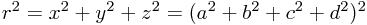 r^2=x^2+y^2+z^2=(a^2+b^2+c^2+d^2)^2