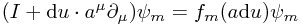 (I + \mathrm{d}u \cdot a^\mu \partial_\mu) \psi_m = f_m(a \mathrm{d}u) \psi_m (I + \mathrm{d}u \cdot a^\mu \partial_\mu) \psi_m = f_m(a \mathrm{d}u) \psi_m