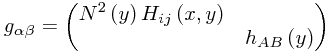 g_{\alpha\beta}=\begin{pmatrix}N^2\left(y\right)H_{ij}\left(x,y\right)\\
& h_{AB}\left(y\right)
\end{pmatrix} g_{\alpha\beta}=\begin{pmatrix}N^2\left(y\right)H_{ij}\left(x,y\right)\\
& h_{AB}\left(y\right)
\end{pmatrix}