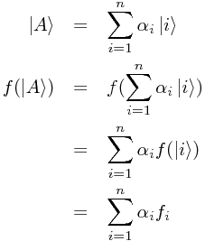 \begin{eqnarray*}
\left|A\right> &=& \sum_{i=1}^n \alpha_i\left|i\right> \\
f(\left|A\right>) &=& f(\sum_{i=1}^n \alpha_i\left|i\right>) \\
 &=& \sum_{i=1}^n \alpha_i f(\left|i\right>) \\
 &=& \sum_{i=1}^n \alpha_i f_i
\end{eqnarray*}

